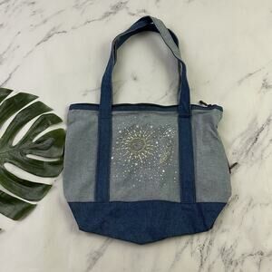 Vintage 90s Denim Tote Bag Purse Sun Moon Rhinestones Blue Celestial Sparkle